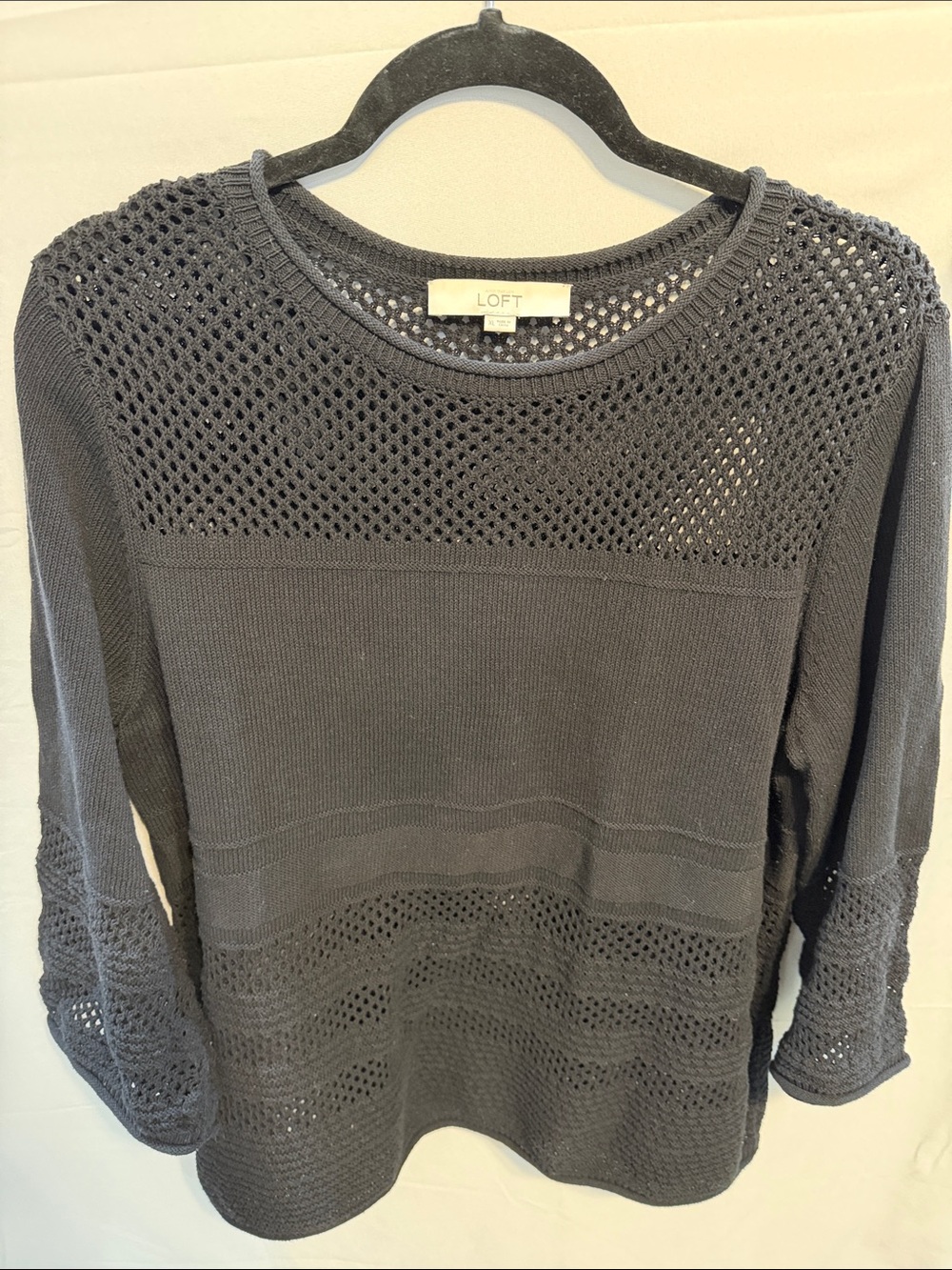 LOFT Women's Black Cotton Open-Weave Pullover Sweater- Sz XL